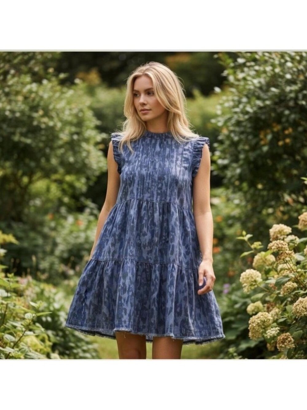 Anthropologie Jenee Tiered Tunic Dress Ruffle Women’s  XS Animal Print Blue